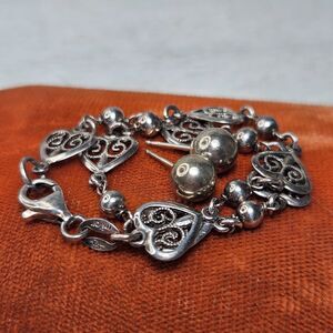 Milor 925 Sterling Silver Heart Filigree Link Chain Bracelet Stud Earrings 6.6gr